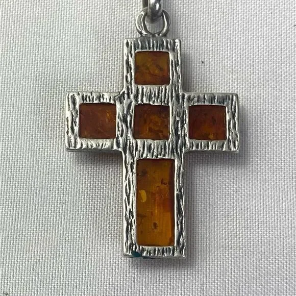 Vtg Estate Art Deco Sterling Silver Amber cross pendant and silver chain 925 - Picture 6 of 7
